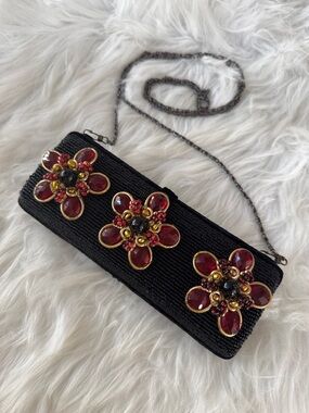 Mary Frances Black Beaded Evening Clutch with Red Gem Flower Accents